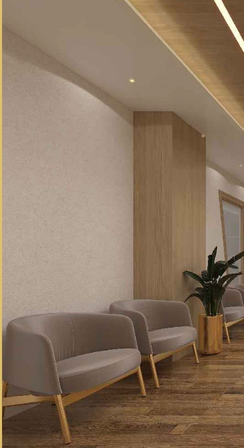 Waiting area with armchairs and plant , beige wallpaper professionally installed in Dubai