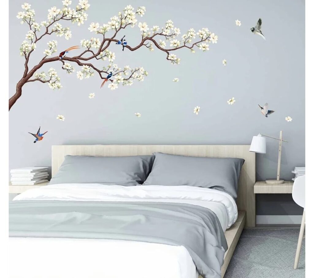 Bedroom with floral Chinese-style wallpaper installed by wallpaper fixing team in Dubai