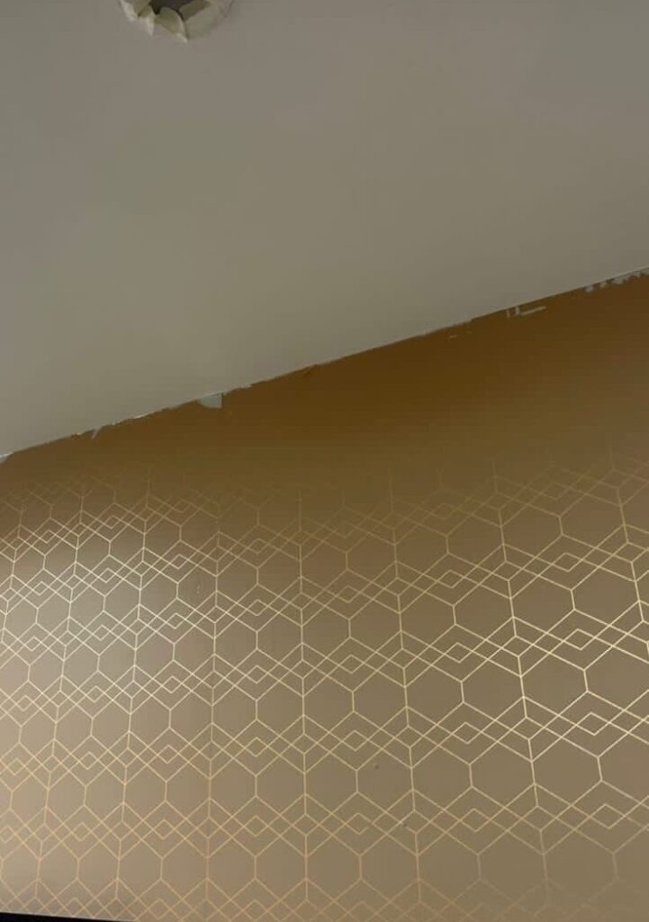 Dark geometric hexagon pattern wallpaper on a feature wall installed in Dubai
